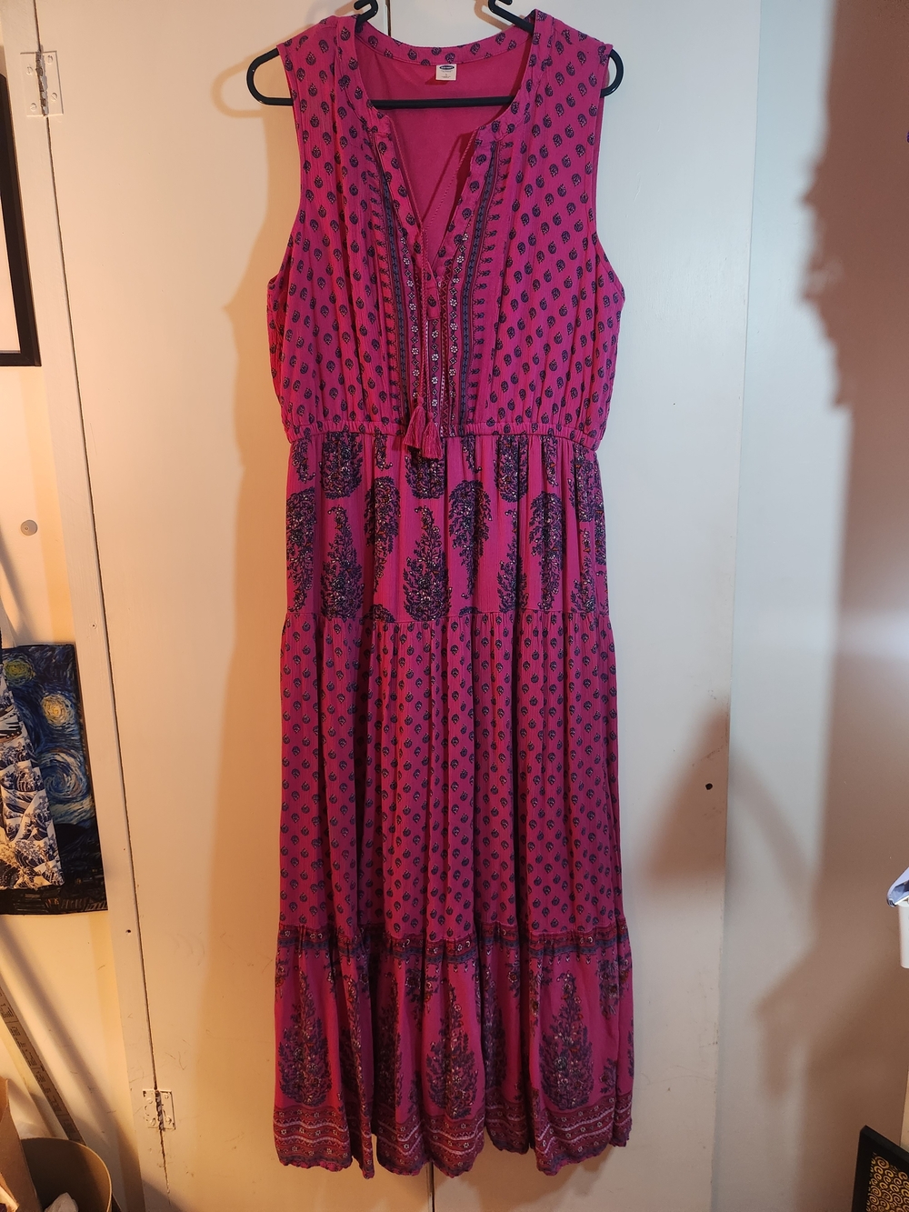 Old Navy Hot Pink Sleeveless Boho Maxi Dress with Navy Print